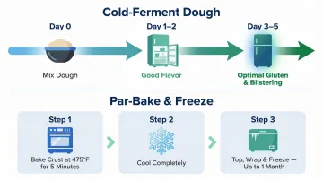 Vegan pizza make-ahead prep timeline showing dough fermentation and par-bake freezing steps