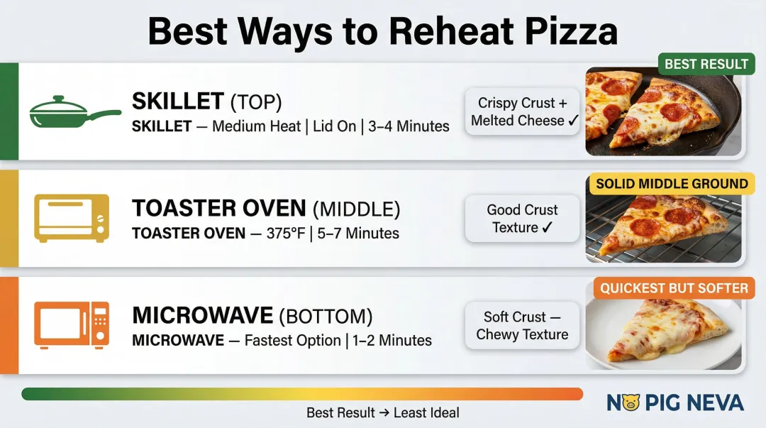 Three pizza reheating methods comparison skillet toaster oven and microwave results