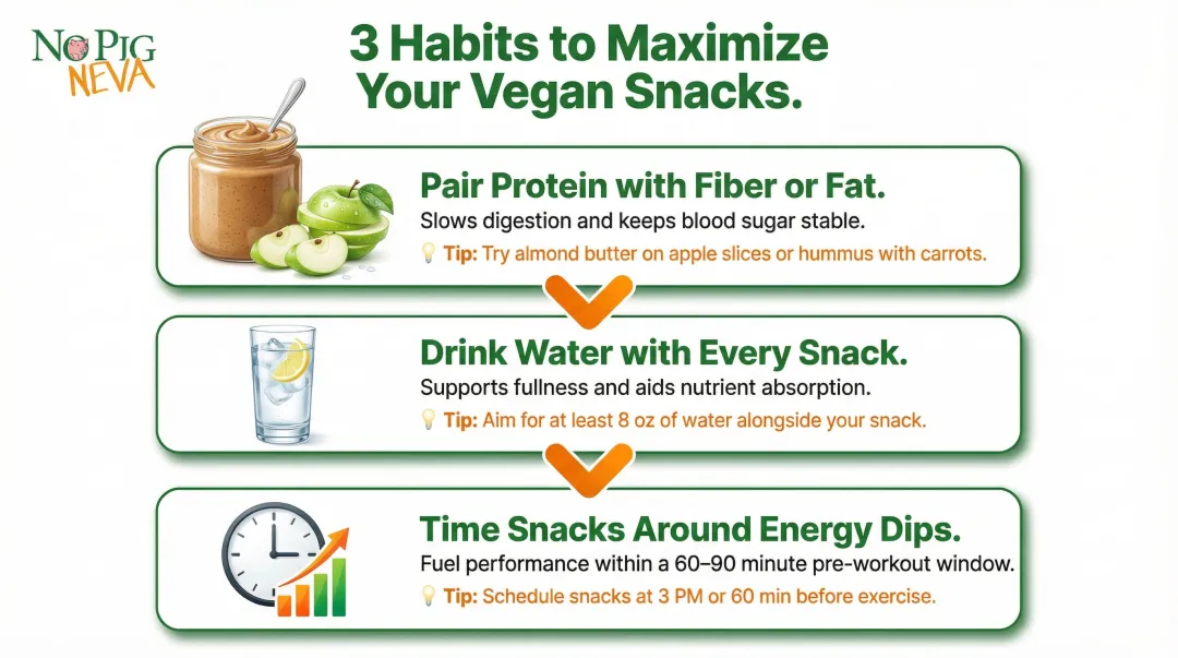 three habits to maximize vegan protein snack satiety and energy process infographic