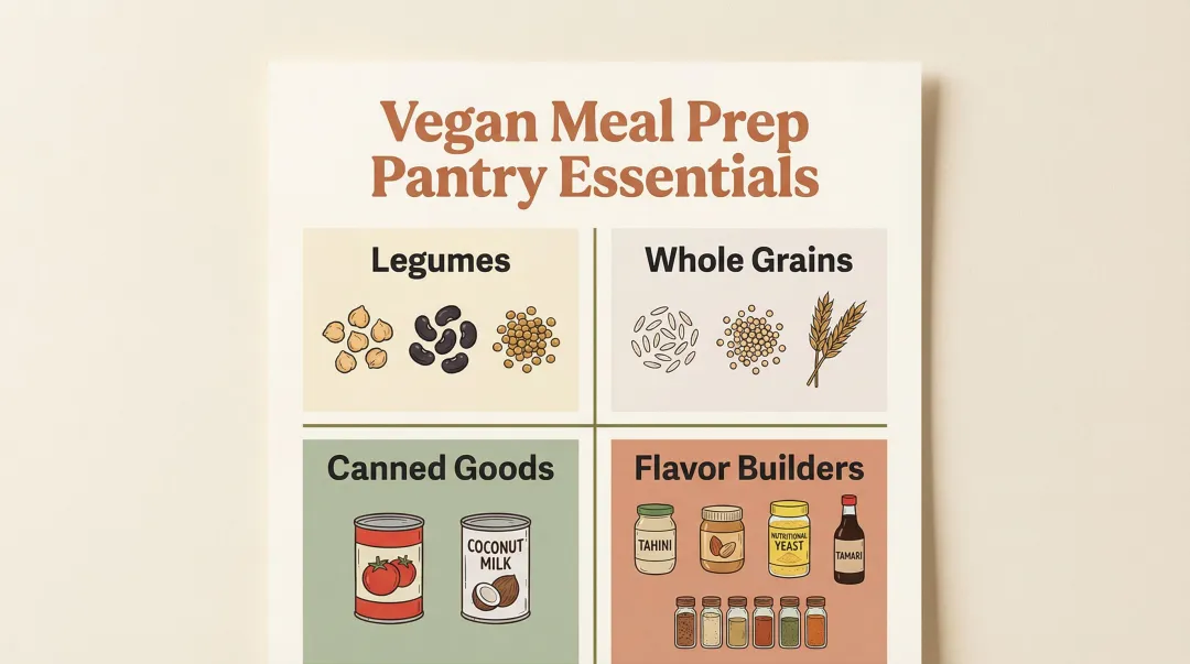 Essential vegan meal prep pantry staples organized into four ingredient categories