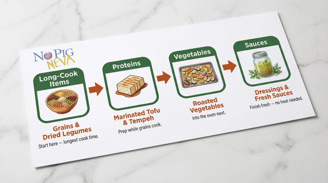 4-step vegan meal prep sequencing process flow from grains to sauces