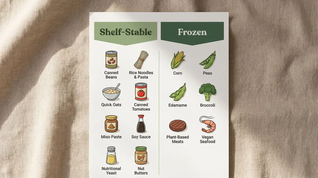 Vegan microwave pantry essentials shelf-stable and frozen staples checklist