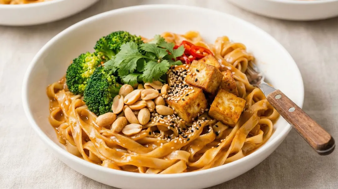 Peanut noodles with steamed broccoli and sesame sauce in a bowl