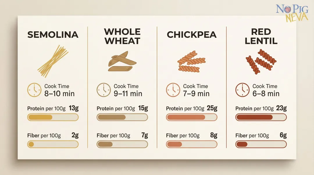 Four pasta types nutrition comparison chart cook time protein and fiber