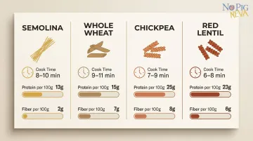 Four pasta types nutrition comparison chart cook time protein and fiber