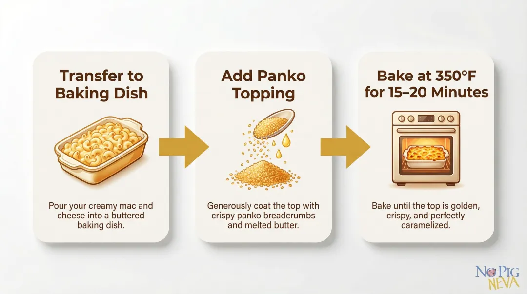 Three-step baked vegan mac and cheese preparation process flow diagram