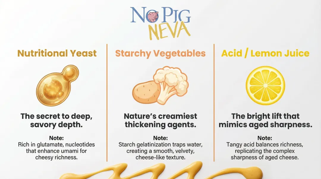 Three key ingredients creating vegan cheese flavor science breakdown infographic