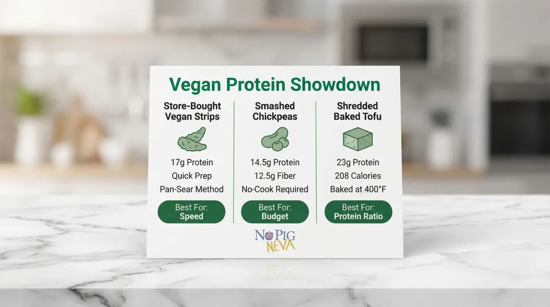 Three vegan chicken substitutes comparison showing protein tofu chickpeas store-bought strips