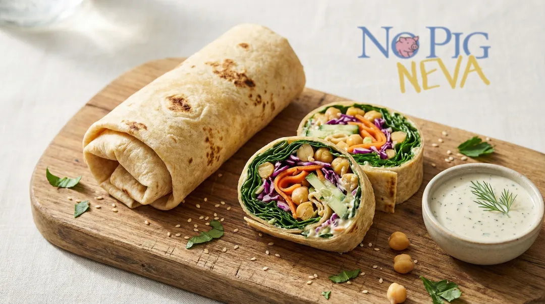 Freshly assembled vegan chicken salad wrap sliced into pinwheels on wooden board