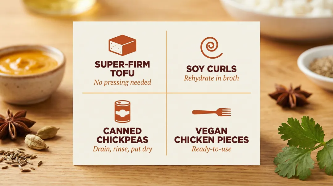Four vegan protein alternatives for butter chicken comparison infographic