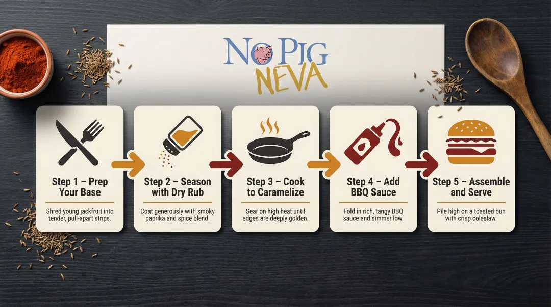 5-step vegan pulled pork cooking process flow from prep to serving