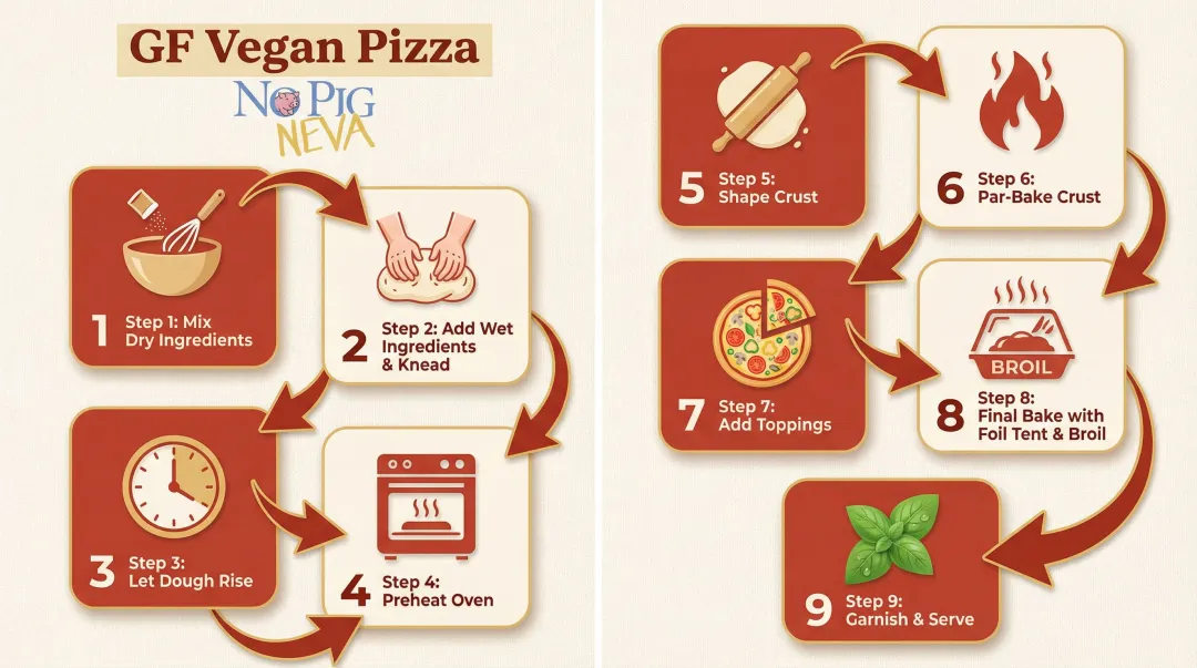 Nine-step gluten-free vegan pizza recipe process flow from mixing to serving