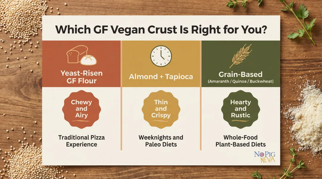 Three gluten-free vegan pizza crust types comparison chart texture and best use