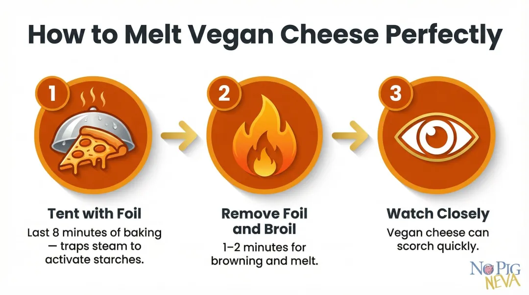 Three-step vegan cheese melting technique using foil tent and broiler method