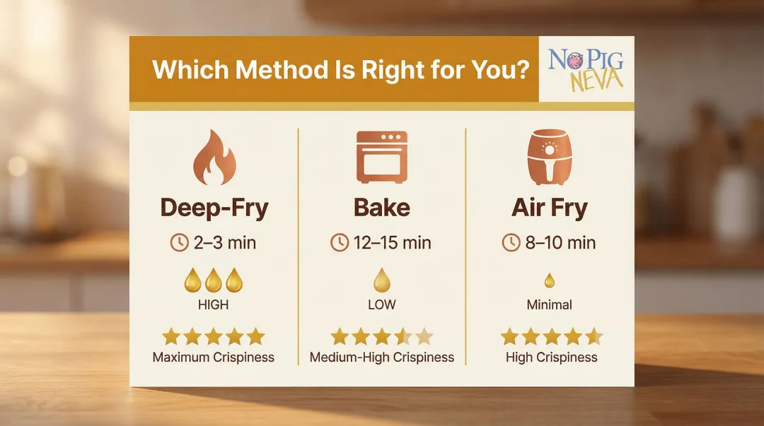 Three vegan crab rangoon cooking methods comparison chart fry bake air fry