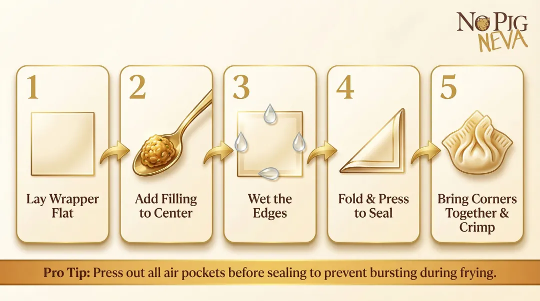 5-step vegan crab rangoon wonton folding and sealing process diagram