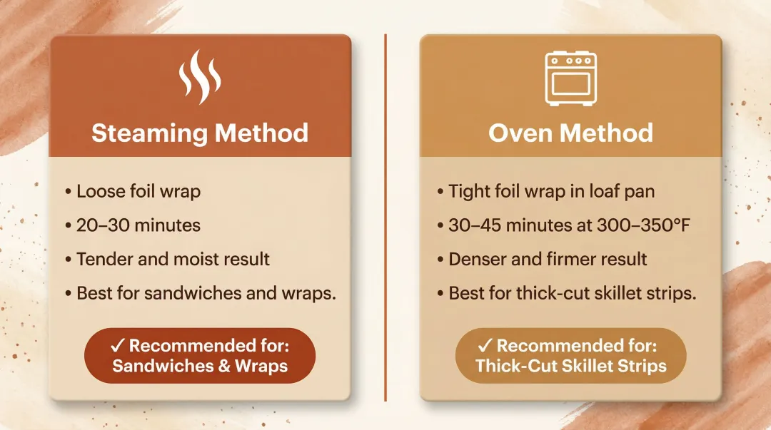Steaming versus oven-baking seitan cooking methods comparison infographic