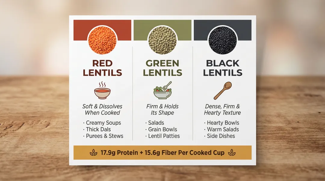 Lentil varieties red green black protein fiber uses comparison chart