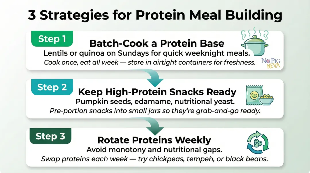 Three-step weekly meal planning strategy for high-protein plant-based eating