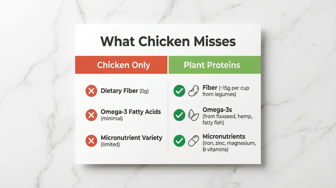 Chicken versus plant proteins nutritional gaps comparison fiber omega-3s micronutrients