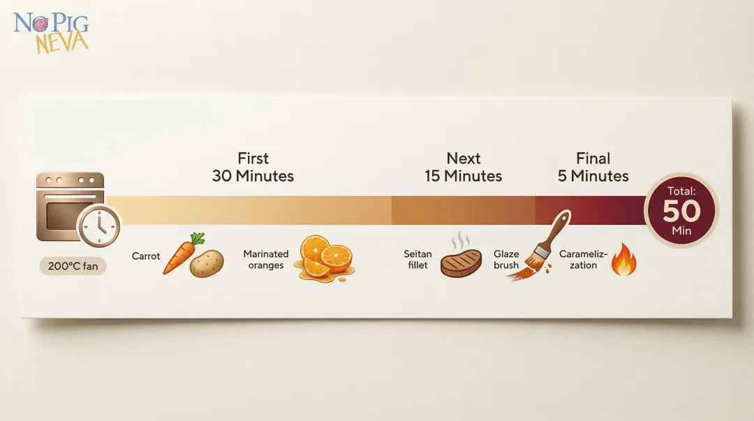 Three-phase staggered roasting sequence timeline for vegan roast chicken and vegetables
