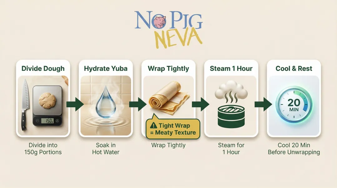 5-step seitan shaping and steaming process for meaty vegan chicken texture