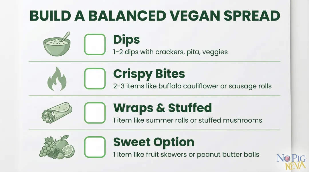 Balanced vegan party spread formula with four food category breakdown