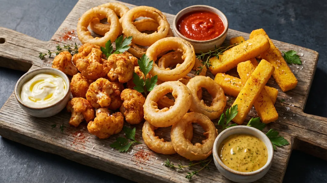 Assorted crispy vegan party bites platter with dipping sauces on table