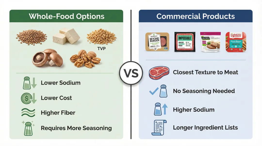 Whole-food versus commercial vegan ground beef tradeoffs comparison infographic