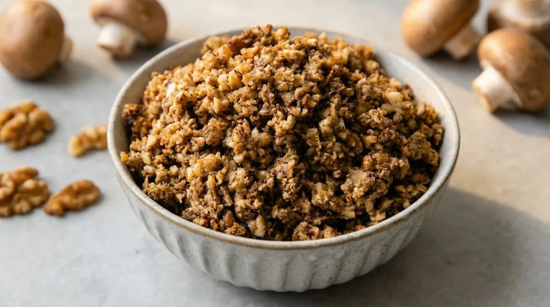 Walnut and dried shiitake mushroom vegan ground beef mixture in bowl