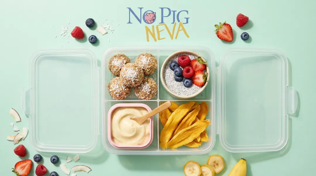 Colorful vegan kids lunchbox with energy balls fruit and sweet plant-based snacks