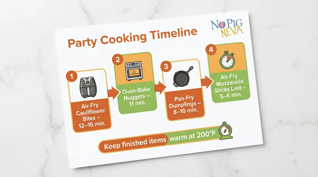 4-step party appetizer batch cooking timeline for simultaneous serving