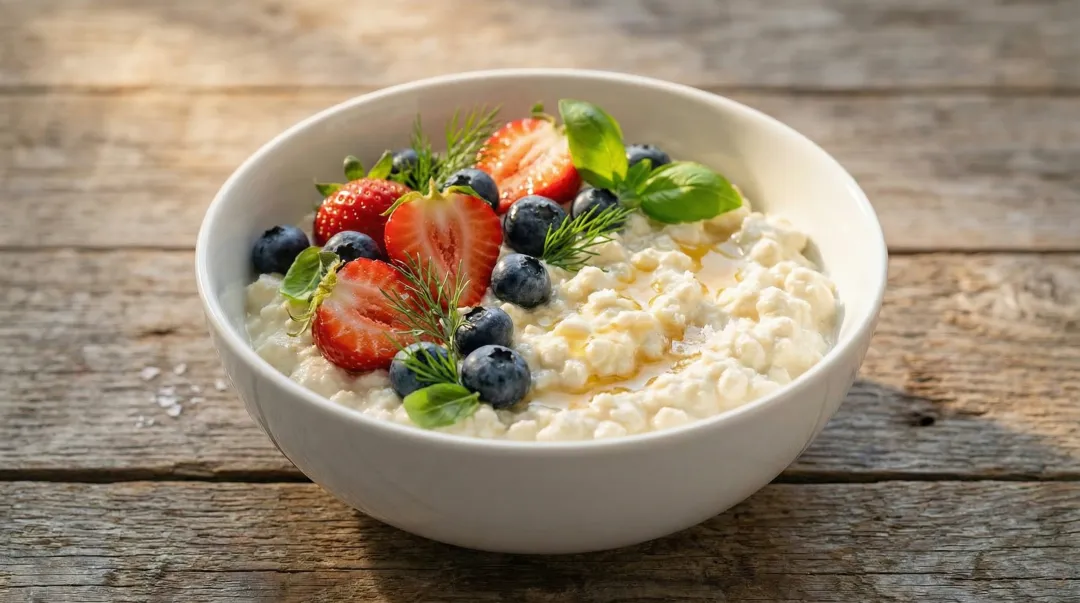 Bowl of vegan tofu cottage cheese topped with fresh berries and herbs