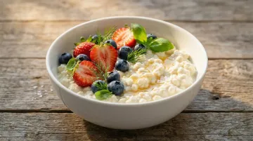 Bowl of vegan tofu cottage cheese topped with fresh berries and herbs