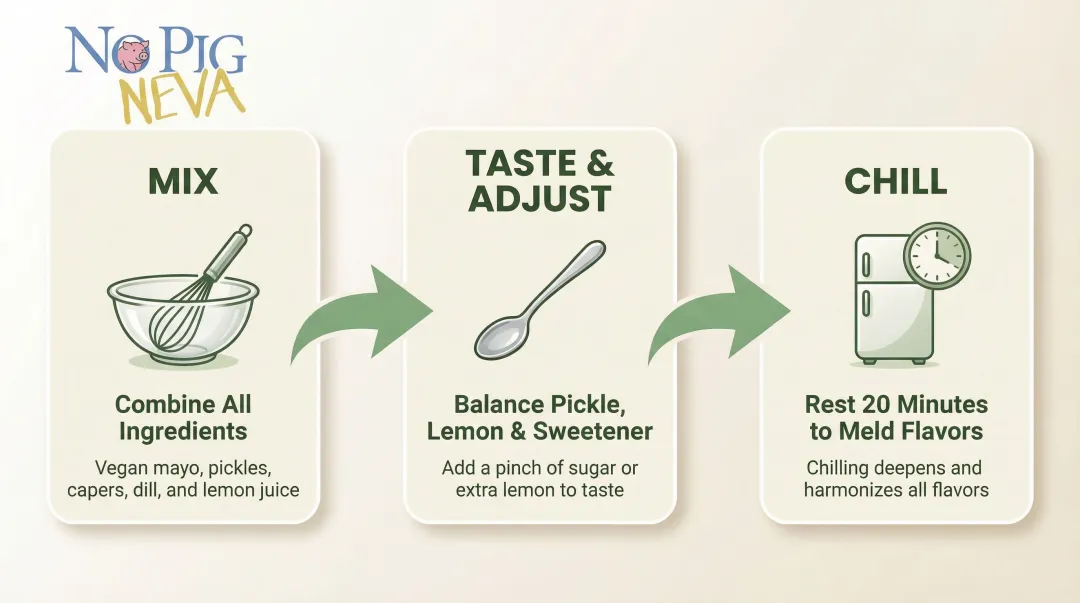 3-step vegan tartar sauce preparation process mix taste chill