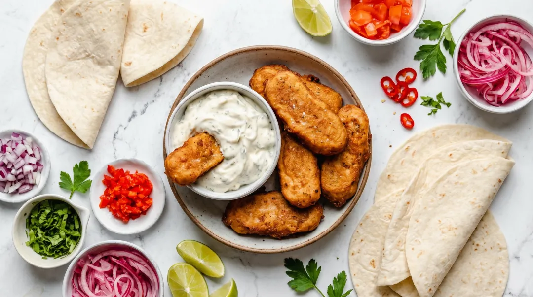 Vegan fish tacos with plant-based tartar sauce dipping accompaniments on plate