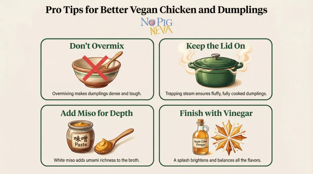 Four pro tips for fluffy dumplings and richer vegan broth infographic