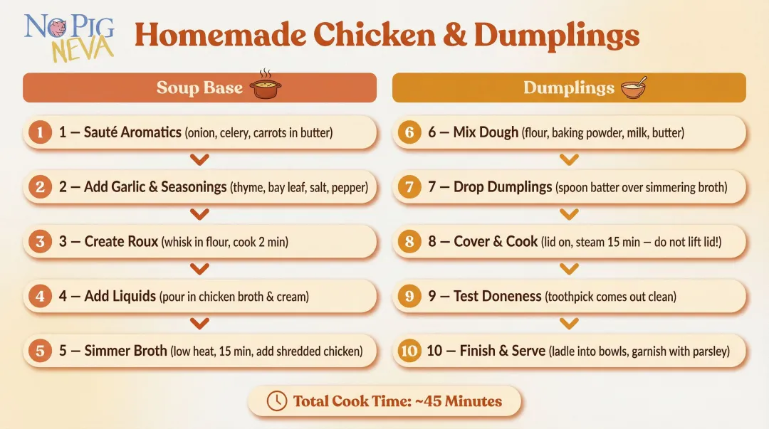 10-step vegan chicken and dumplings cooking process flow diagram