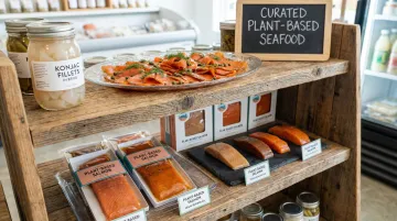 Plant-based vegan salmon product selection displayed on store shelf or platter