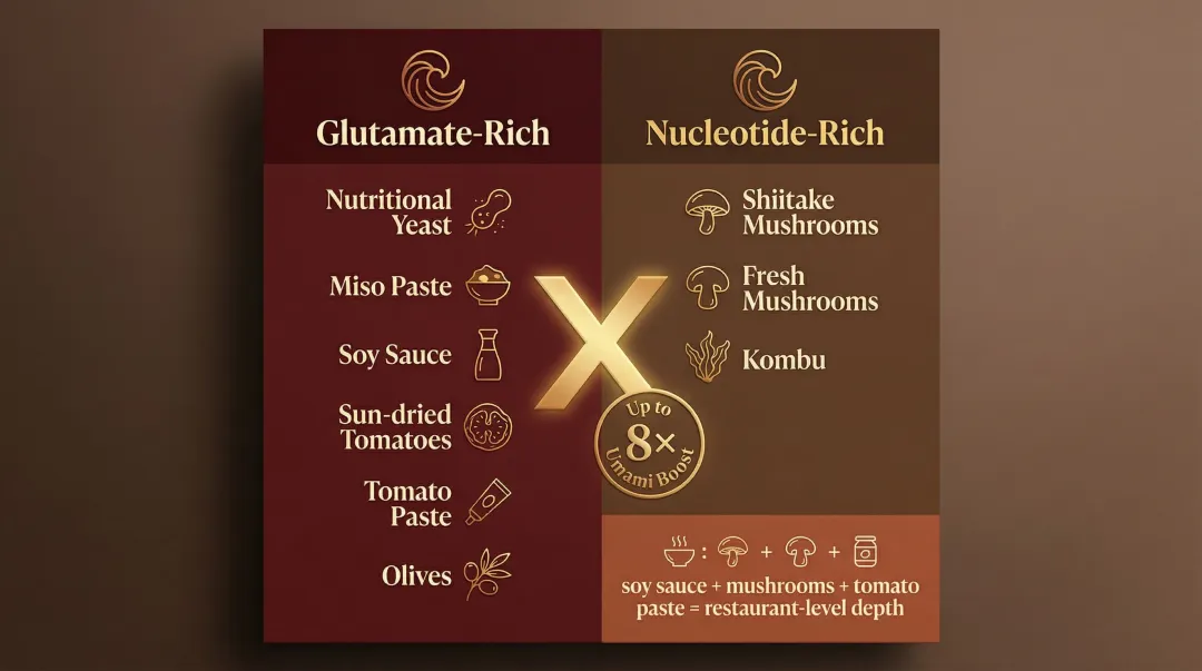 Vegan umami synergy chart pairing glutamate rich and nucleotide rich ingredients