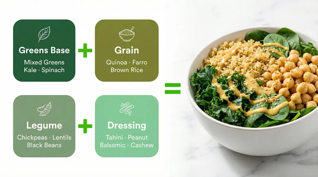 Build your own vegan salad formula greens grain legume and dressing components