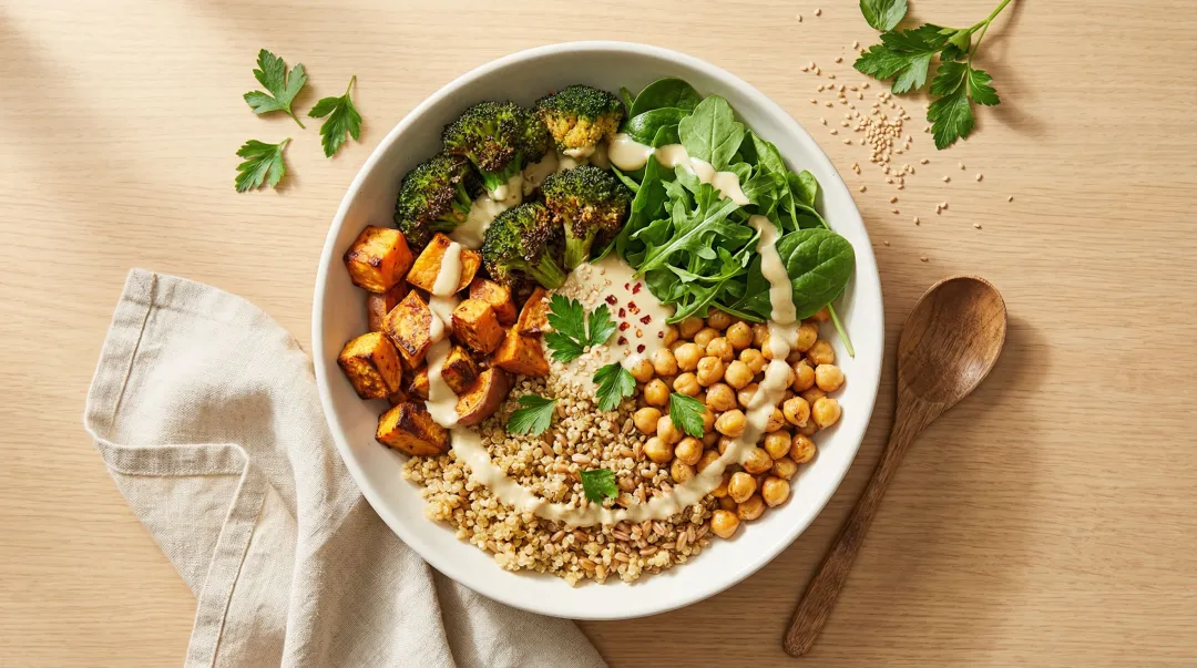 Colorful globally inspired plant-based Buddha bowl with roasted vegetables and sauce