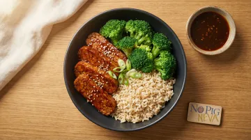 Teriyaki tempeh meal prep dinner bowl with broccoli and brown rice