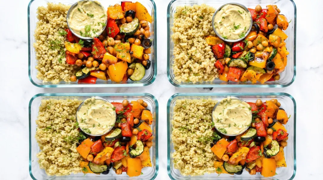 Vegan meal prep lunch containers with seitan stir-fry brown rice and vegetables