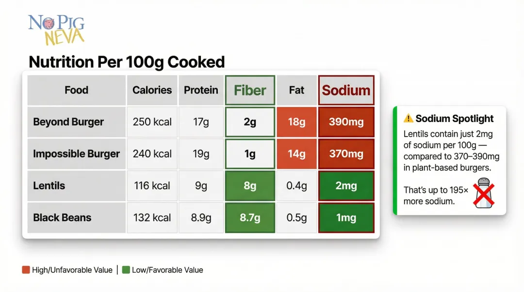 Plant-based burgers versus whole food legumes nutritional comparison per 100g cooked