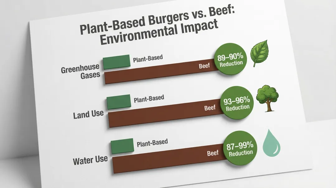 Plant-based burger environmental impact versus beef three-category reduction infographic