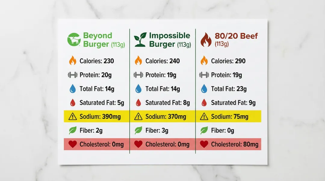 Plant-based burger versus beef patty nutritional comparison chart with key metrics