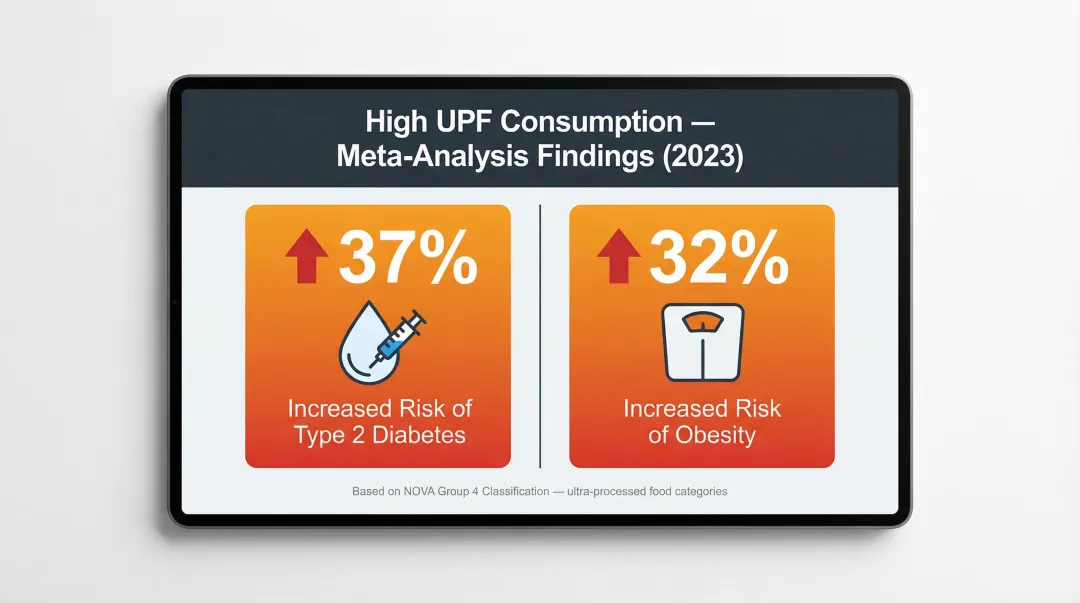 Ultra-processed food health risks showing diabetes and obesity increased risk statistics