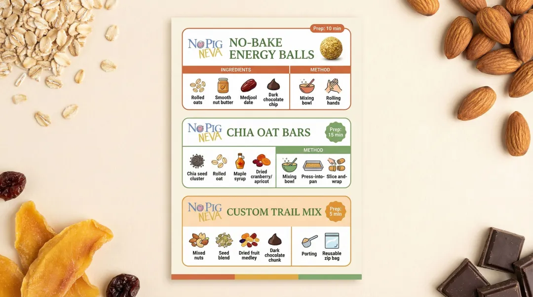 Three easy homemade vegan travel snack recipes with ingredients and prep steps