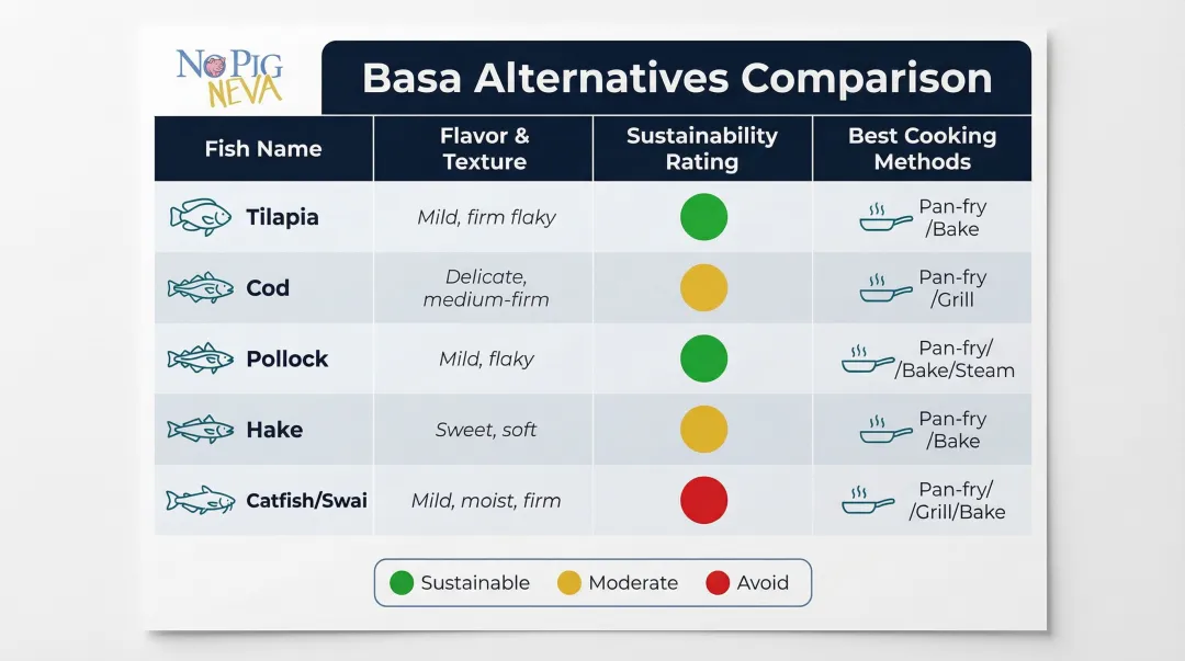Conventional basa fish alternatives comparison chart flavor texture sustainability ratings